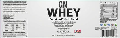 Label of GN Whey Premium Protein Blend with supplement facts and branding details.