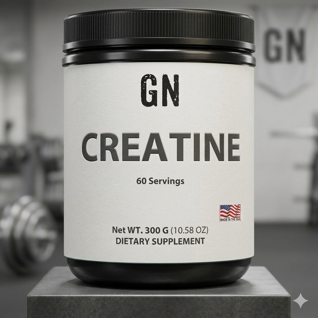 Creatine supplement container with 'GN' branding on a blurred gym background