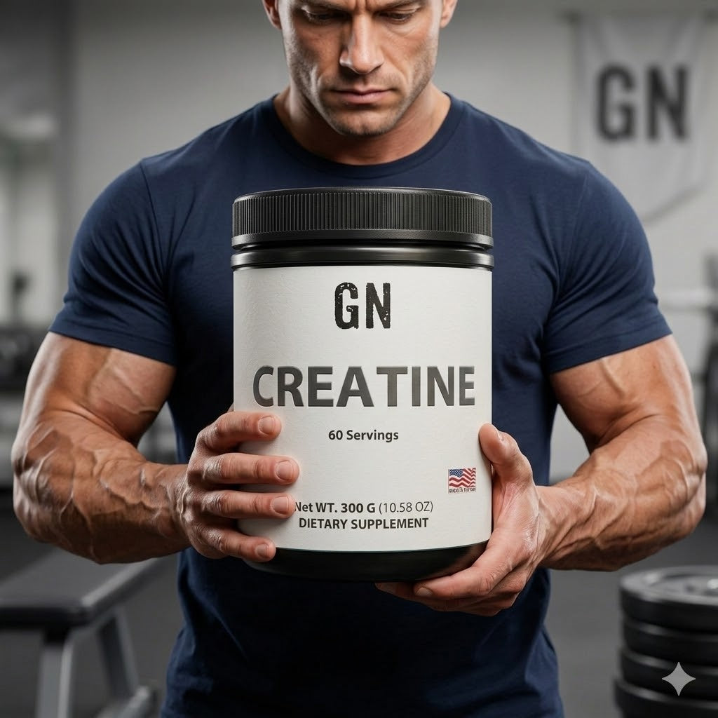 Muscular man holding a container of GN Creatine in a gym setting
