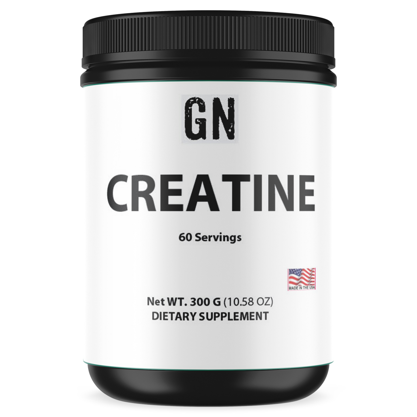 Creatine supplement container with 'GN' branding on a white background