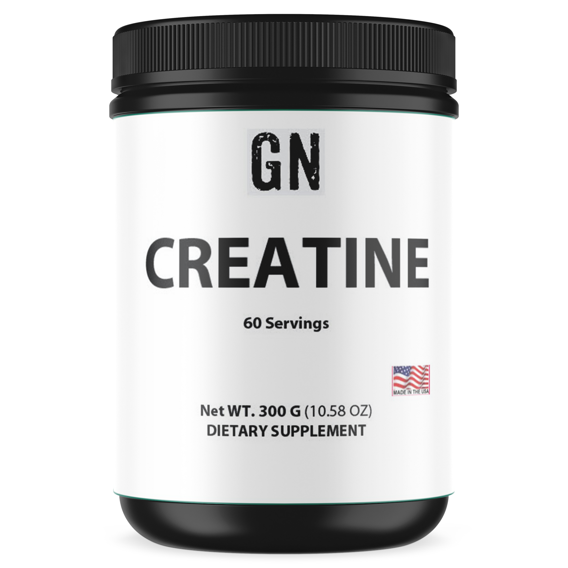 Creatine supplement container with 'GN' branding on a white background