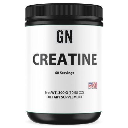 Creatine supplement container with 'GN' branding on a white background
