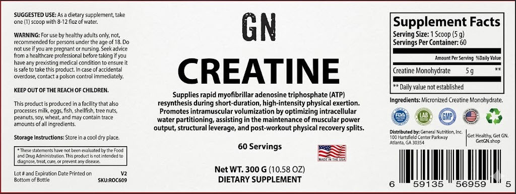 Supplement label for GN Creatine with text and graphics on a white background