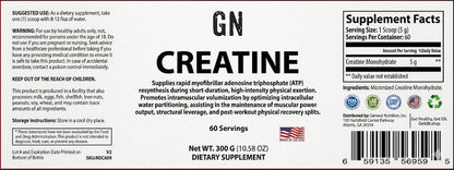 Supplement label for GN Creatine with text and graphics on a white background