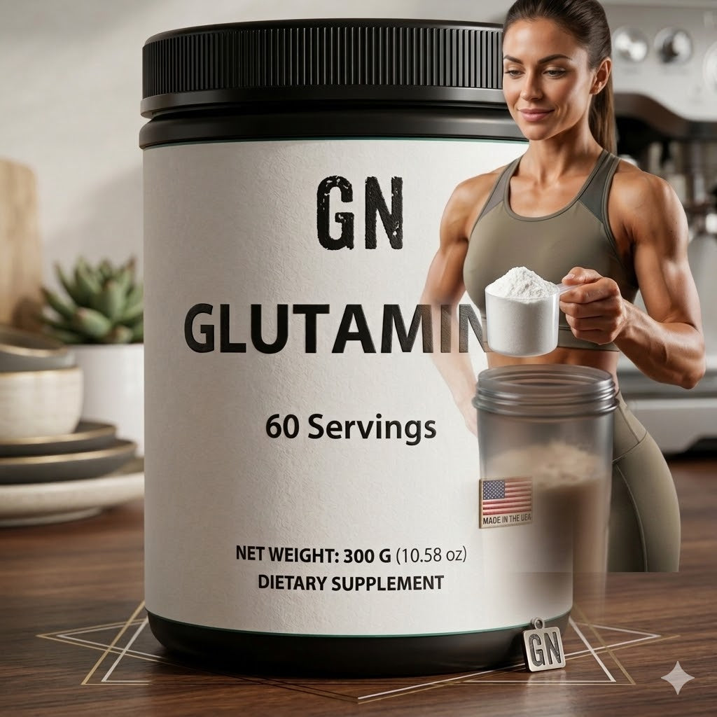 GN Glutamine supplement container with a woman holding a scoop of powder in a kitchen setting