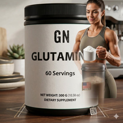 GN Glutamine supplement container with a woman holding a scoop of powder in a kitchen setting