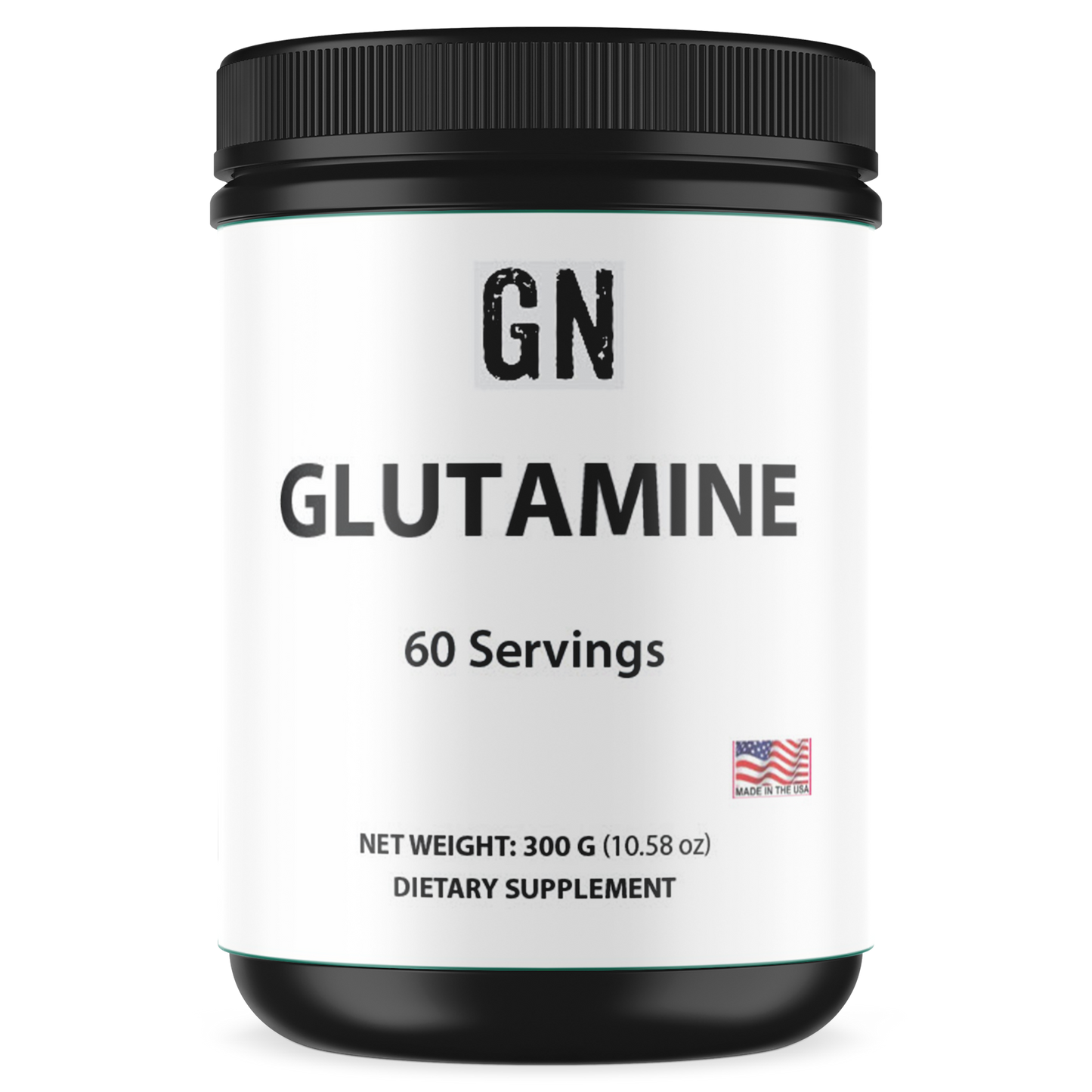 Supplement container labeled 'GN Glutamine' with 60 servings on a white background