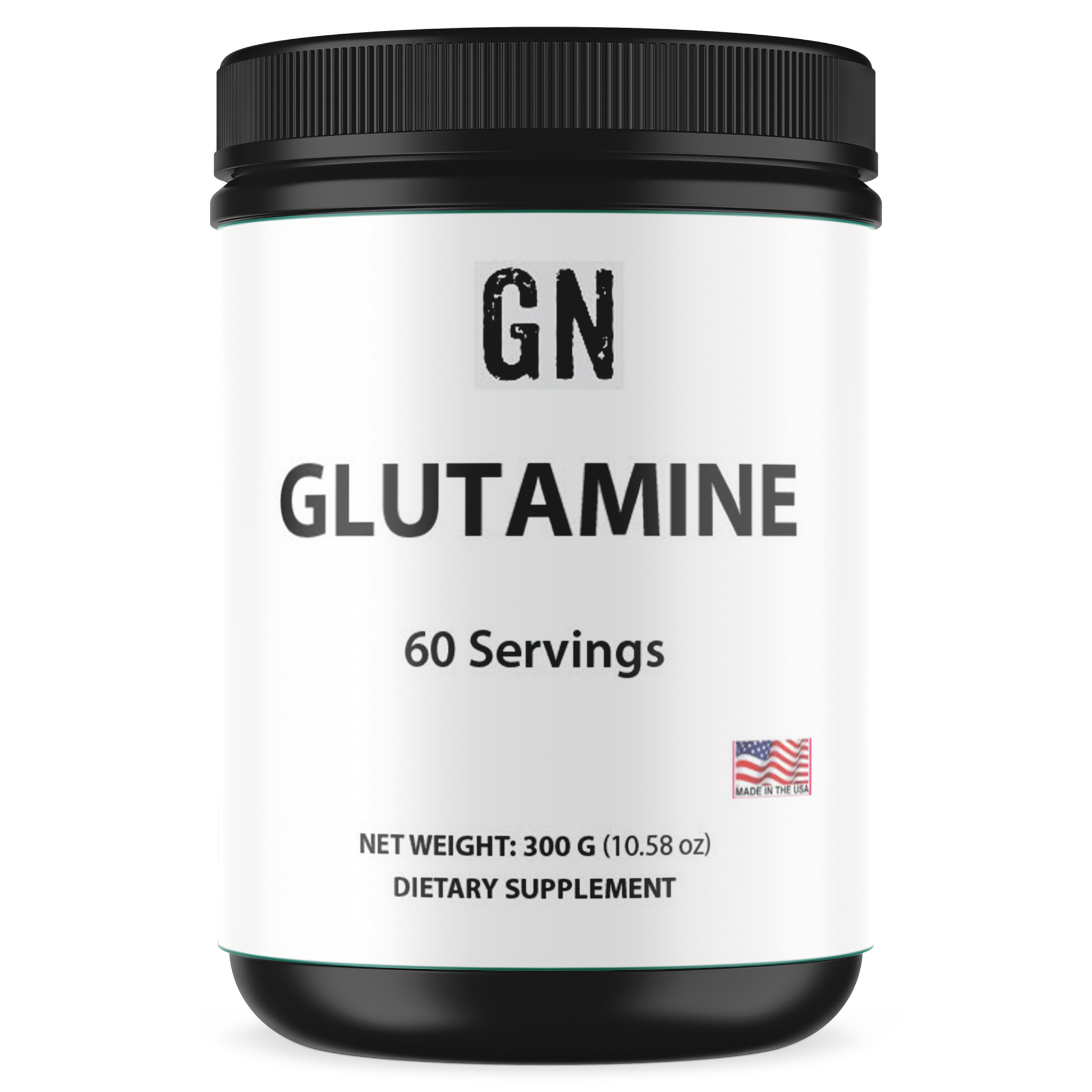 Supplement container labeled 'GN Glutamine' with 60 servings on a white background