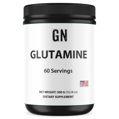 Supplement container labeled 'GN Glutamine' with 60 servings on a white background