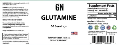 Supplement label for Glutamine with serving size, ingredients, and nutritional information.
