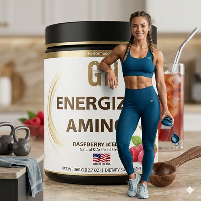 Woman in athletic wear standing next to a container of G1 Performance Energize Aminos in a kitchen setting.