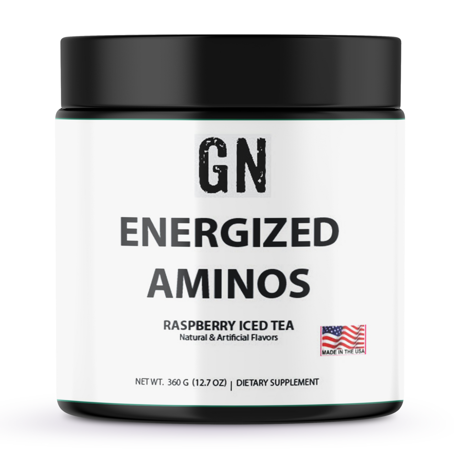 Jar of GN Energized Aminos dietary supplement with black lid on a white background