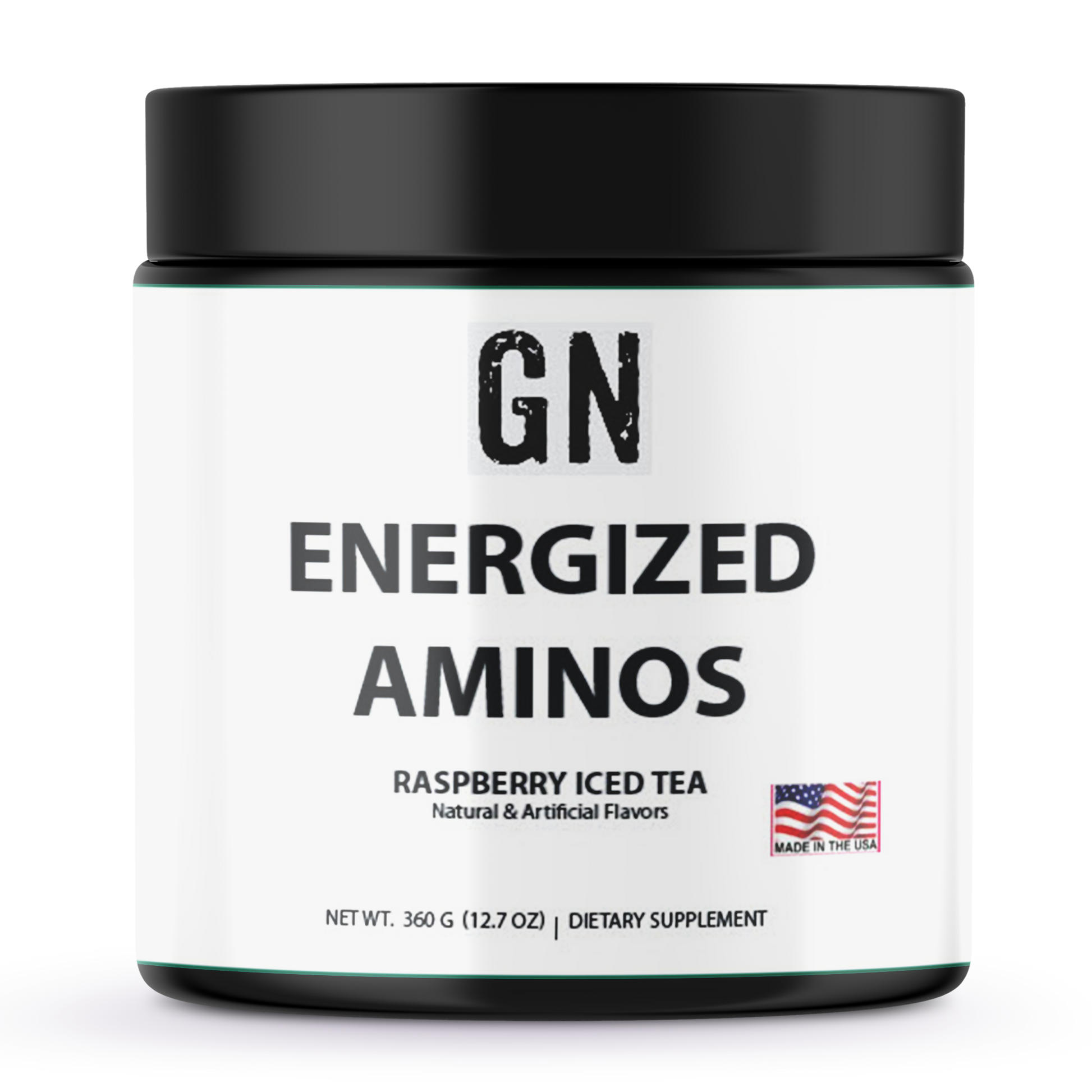 Jar of GN Energized Aminos dietary supplement with black lid on a white background