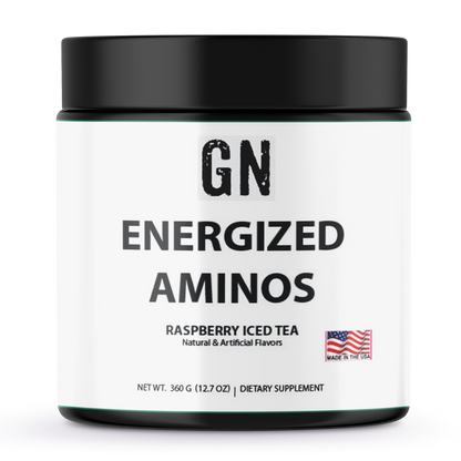 Jar of GN Energized Aminos dietary supplement with black lid on a white background