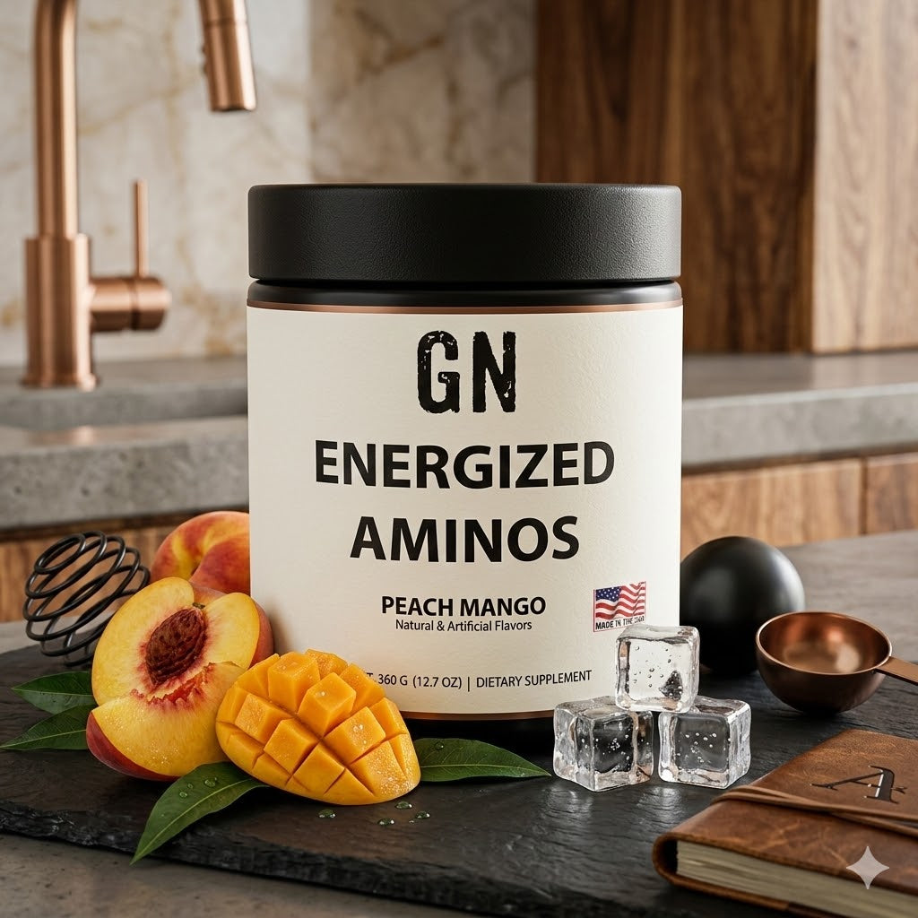 Aminos Peach Mango on Counter with Fruit