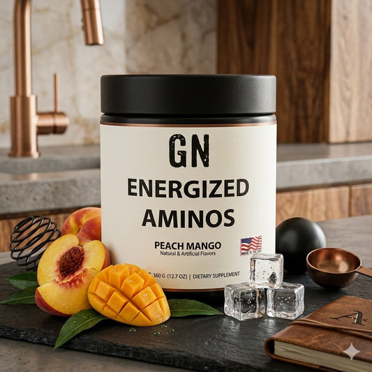 Aminos Peach Mango on Counter with Fruit