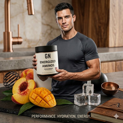 Man holding a container of GN Energized Aminos in a kitchen setting with fruits and ice cubes.