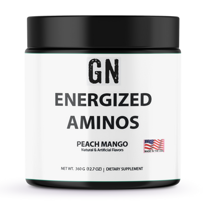 Jar of GN Energized Aminos Peach Mango flavor on a white background