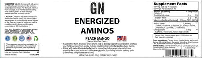 Supplement label for 'GN Energized Aminos Peach Mango' with supplement facts and branding.