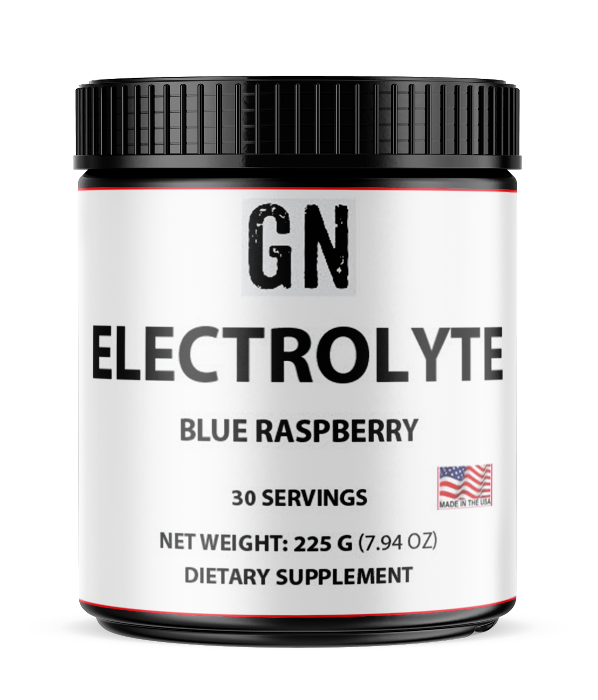 GN Electrolyte supplement container with blue raspberry flavor on a white background