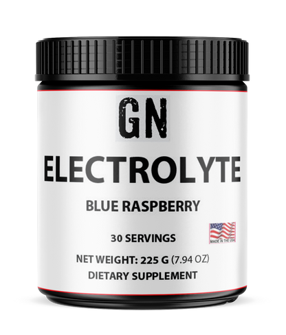 GN Electrolyte supplement container with blue raspberry flavor on a white background