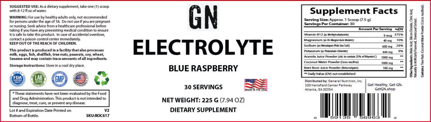 Supplement label for GN Electrolyte Blue Raspberry dietary supplement
