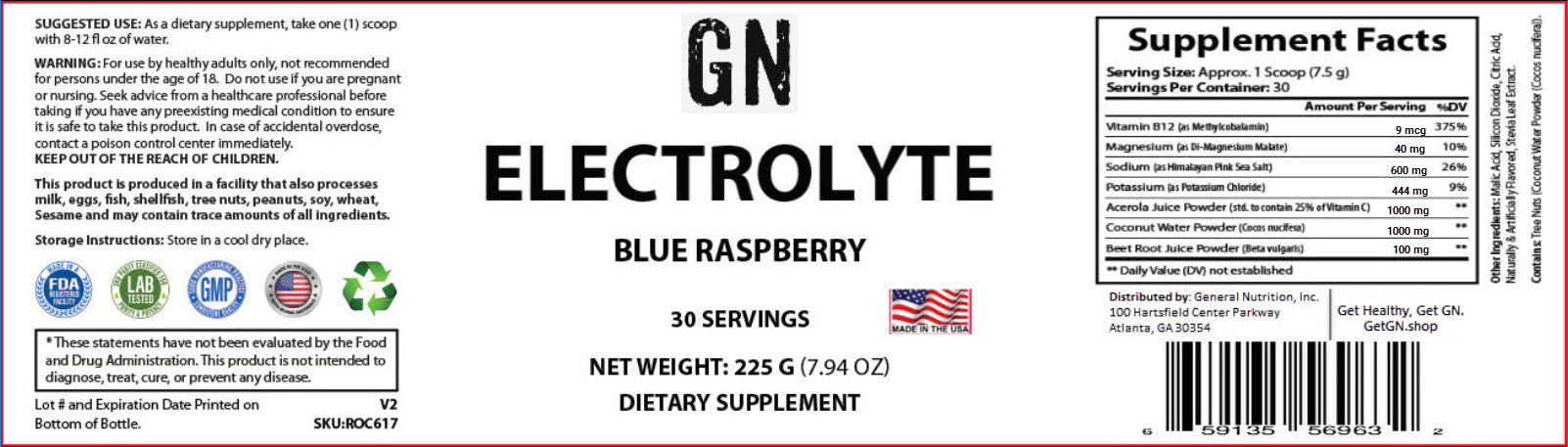 Supplement label for GN Electrolyte Blue Raspberry dietary supplement