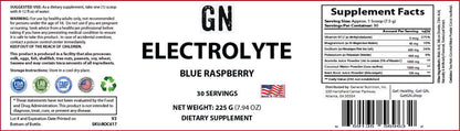 Supplement label for GN Electrolyte Blue Raspberry dietary supplement