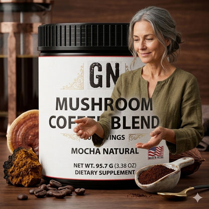 Woman holding a container of 'GN Mushroom Coffee Blend' with coffee beans and mushrooms on a wooden surface.