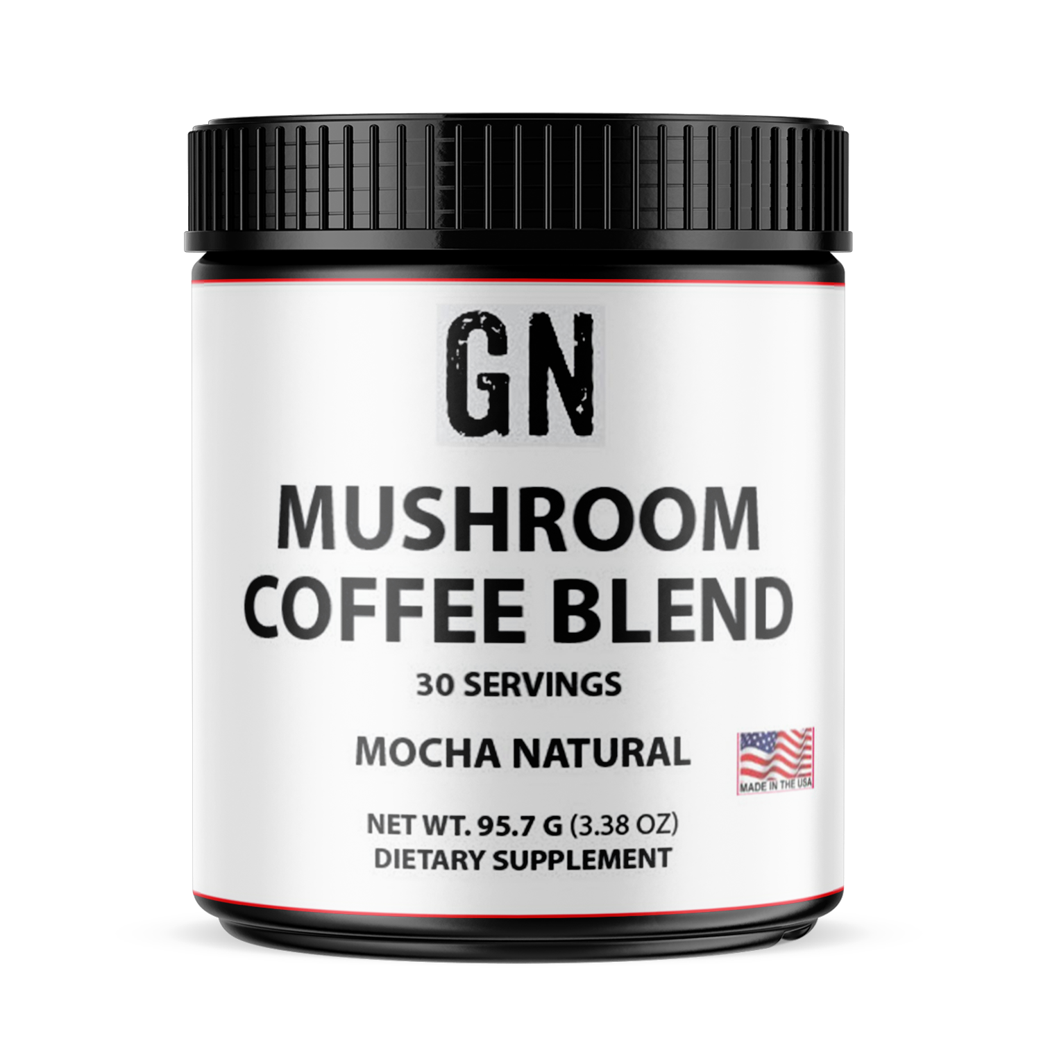 Container of GN Mushroom Coffee Blend on a white background