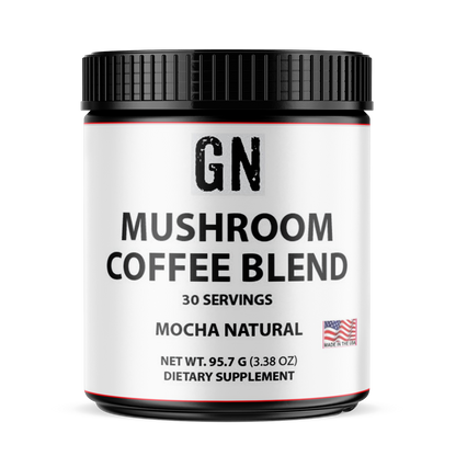 Container of GN Mushroom Coffee Blend on a white background