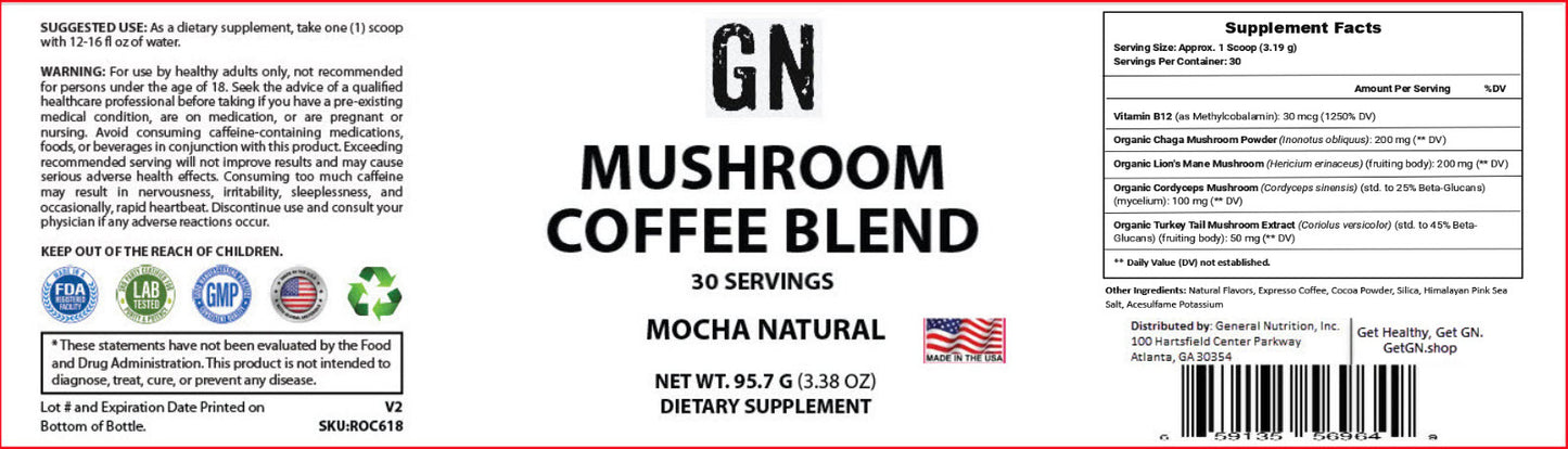 Supplement Label for Mushroom Coffee Blend dietary supplement