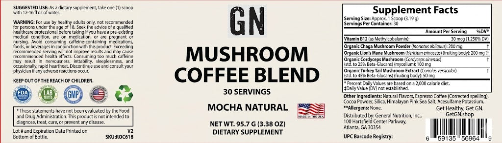 Supplement label for GN Mushroom Coffee Blend Mocha Natural on a white background