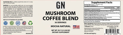 Supplement label for GN Mushroom Coffee Blend Mocha Natural on a white background