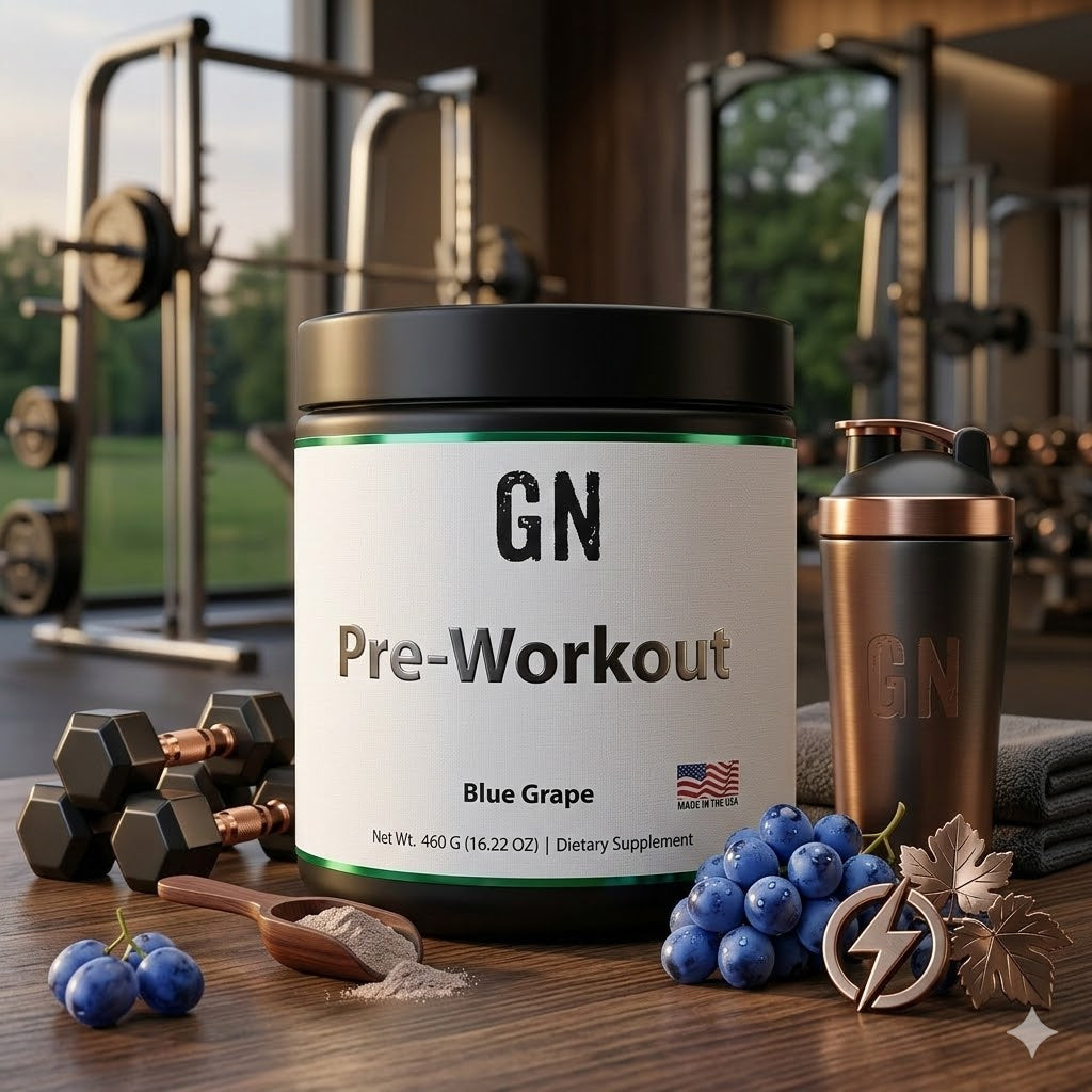 GN Pre-Workout supplement container with blue grapes and a shaker in a gym setting
