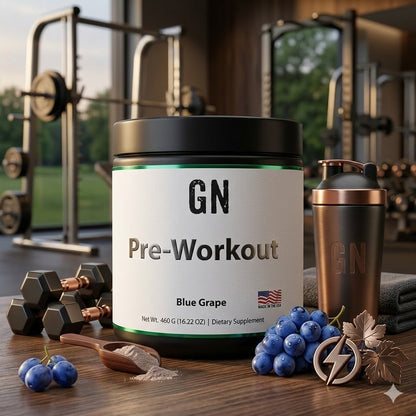 GN Pre-Workout supplement container with blue grapes and a shaker in a gym setting