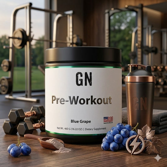 GN Pre-Workout supplement container with blue grapes and a shaker in a gym setting