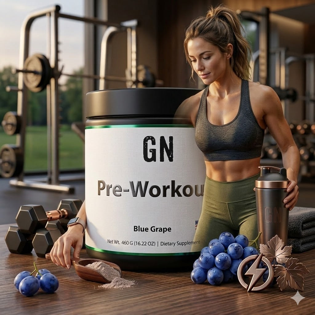 Woman in a gym setting with a GN Pre-Workout supplement container and blue grapes.