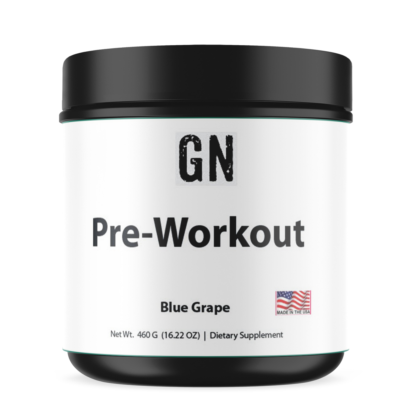 GN Pre-Workout supplement container with blue grape flavor on a white background