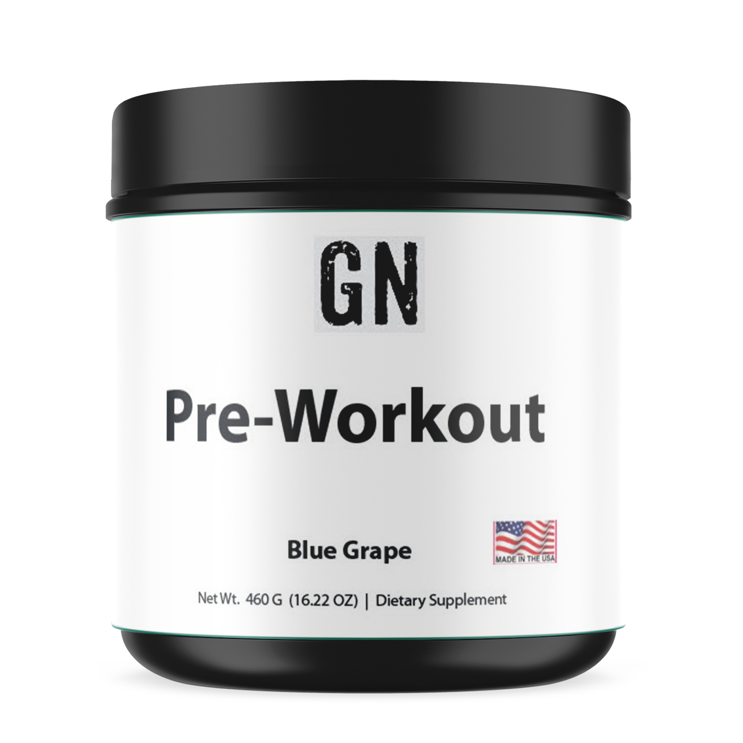 GN Pre-Workout supplement container with blue grape flavor on a white background