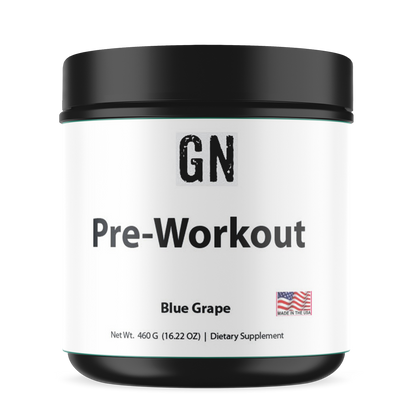 GN Pre-Workout supplement container with blue grape flavor on a white background