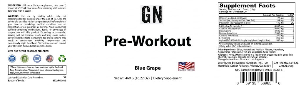 Pre-workout supplement label with 'GN' branding and supplement facts.