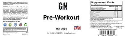 Pre-workout supplement label with 'GN' branding and supplement facts.