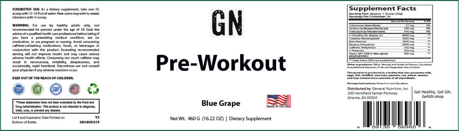 GN Pre-Workout supplement label with product name, flavor, and supplement facts.