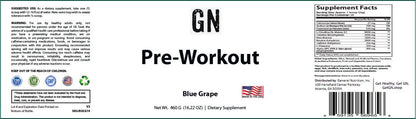 GN Pre-Workout supplement label with product name, flavor, and supplement facts.