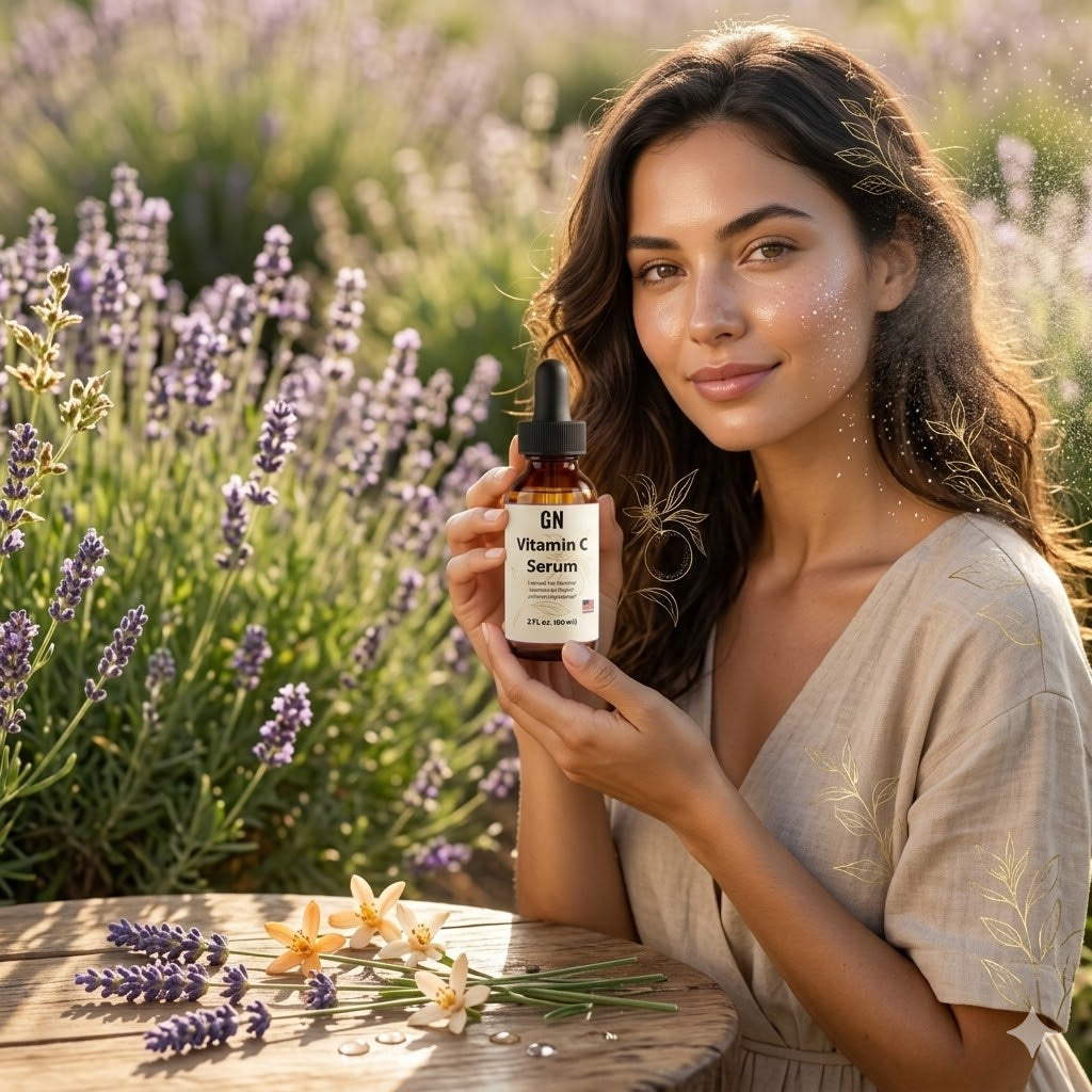 Woman holding a bottle of GN Vitamin C Serum in a lavender field