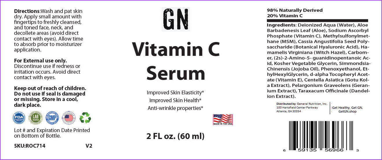 Vitamin C serum label with ingredients and branding details.