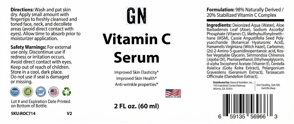 Vitamin C serum label with ingredients and usage instructions.