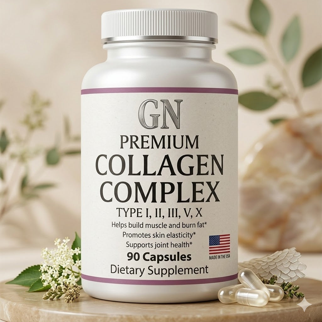 Bottle of GN Premium Collagen Complex dietary supplement on a wooden surface with a blurred natural background.