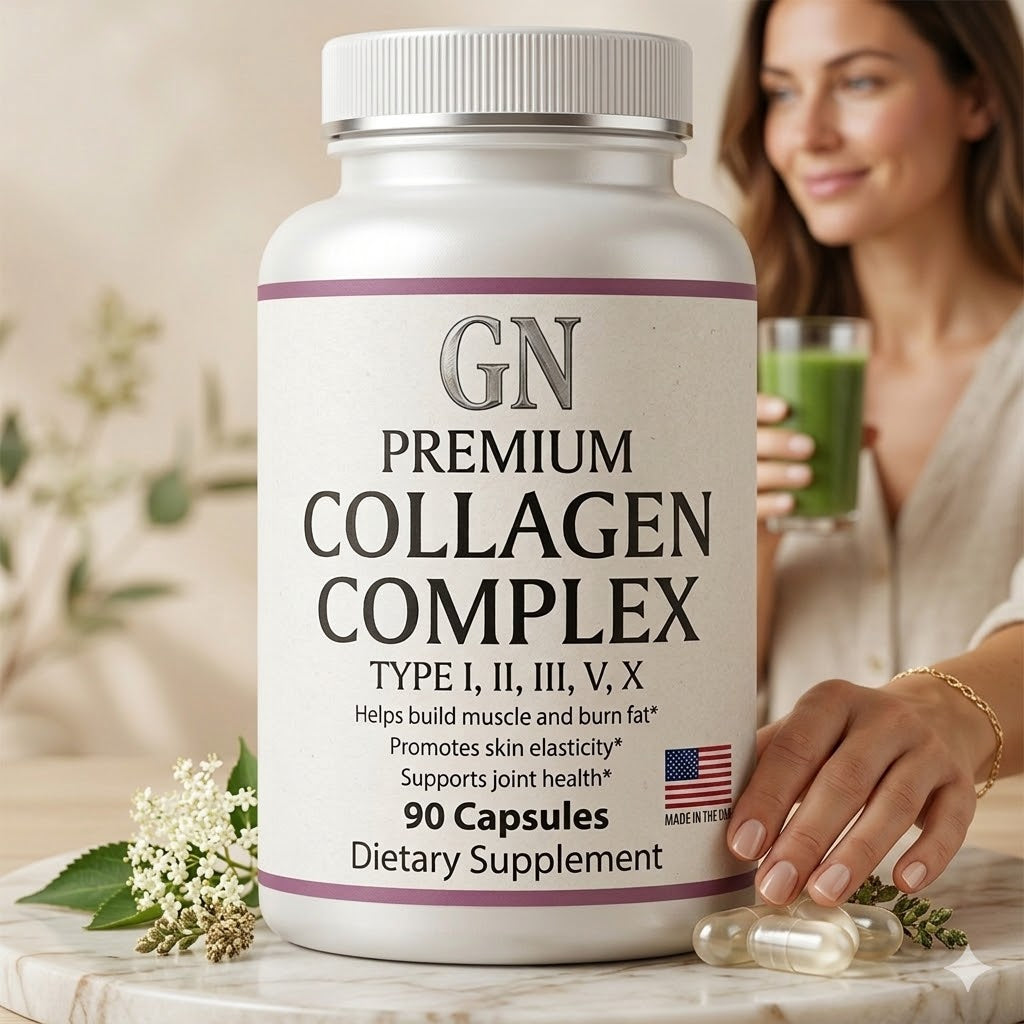 Bottle of GN Premium Collagen Complex with a blurred background of a woman holding a glass of green juice.